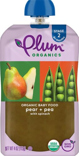 Plum Organics Stage 2 Organic Baby Food - Pear + Pea with Spinach - 4 oz Pouch - Organic Fruit and Vegetable Baby Food Pouch