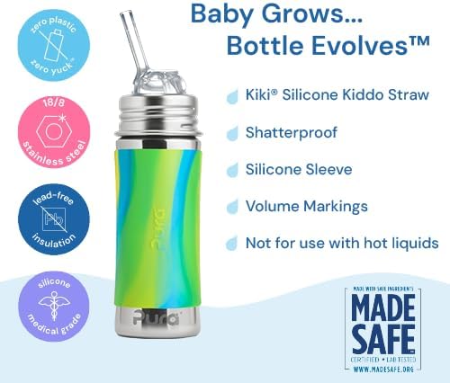 Pura Toddler, Baby Straw Bottle - Stainless Steel, Plastic Free, Silicone Straw, Aqua Swirl