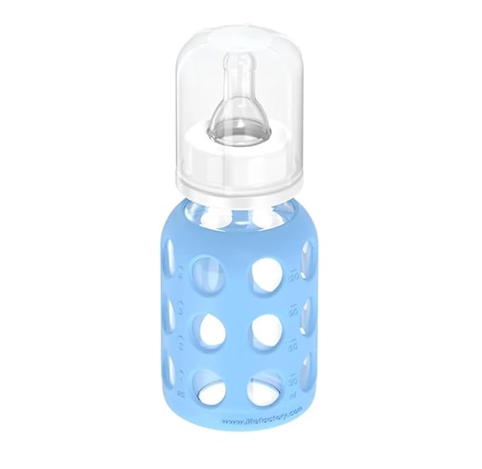 Lifefactory Glass Baby Bottle BPA Free | Protective Silicone Sleeve | 4 oz Pack of 3 | Sky Blue