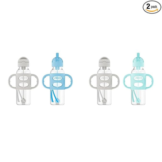 Dr. Brown's Milestones 8 oz Gray & Blue and Gray & Green Sippy Straw Bottles with Weighted Straw, Spill-Proof Lid, Silicone Handles