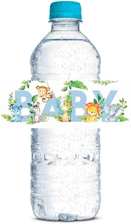 Watercolor Jungle Animals It's a Boy Baby Shower Waterproof Water Bottle Sticker Wrappers 20 Wrap Around Labels Sized 1.75" x 8.5" by AmandaCreation