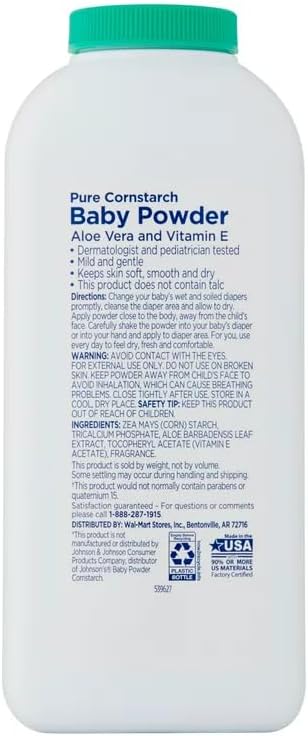 Pure Equate Cornstarch Baby Powder, Hypoallergenic, alloe Vera, Vitamin E, 15 oz Each, Pack of 2.