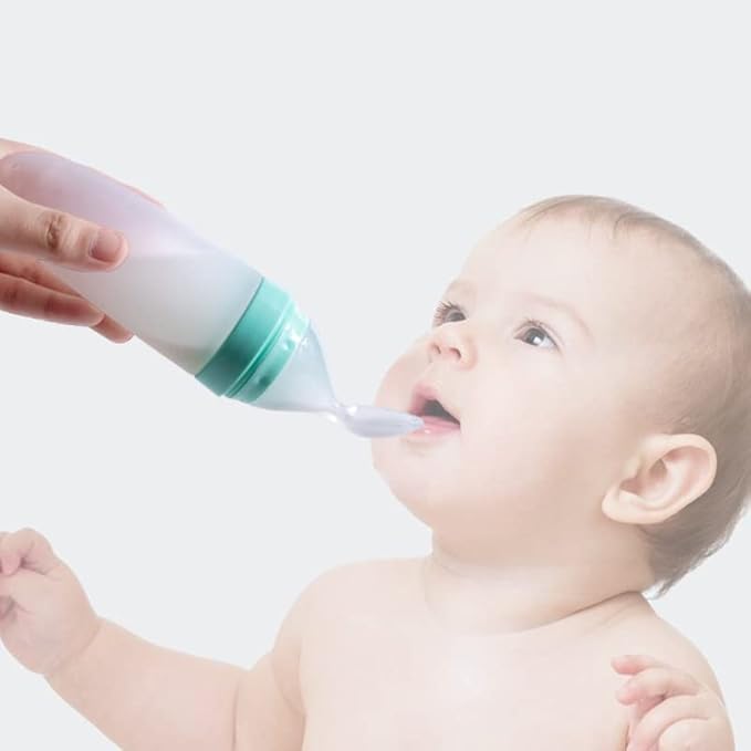 Reidio 2Pc Baby Feeding Bottle with Spoon Baby Food Feeder Silicone Squeeze Spoon Bottle for Baby Food Dispensing Baby Bottle with Scale 3.4oz/100ml (Pink)