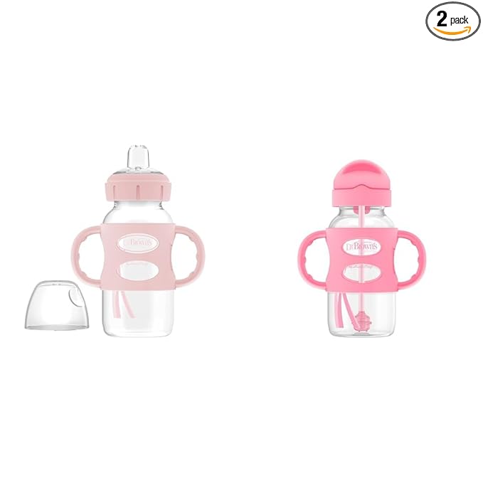 Dr. Brown's Milestones Wide-Neck Sippy Spout Bottle with 100% Silicone Handles & Milestones Wide-Neck Sippy Straw Bottle with 100% Silicone Handles and Weighted Straw, 9 oz/270 mL, Pink, 6m+