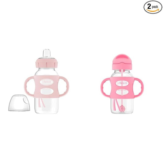 Dr. Brown's Milestones Wide-Neck Sippy Spout Bottle with 100% Silicone Handles & Milestones Wide-Neck Sippy Straw Bottle with 100% Silicone Handles and Weighted Straw, 9 oz/270 mL, Pink, 6m+