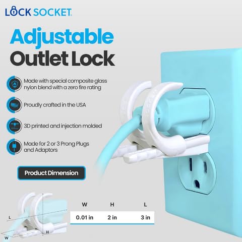 Lock Socket Adjustable Outlet Cover Lock - White | Anti-Theft, Child-Safe Plug Lock | Secures 2 or 3 Pronged Plug & Adaptors, Includes Security Screw & Allen Wrench | Secures Most Cords | Made in USA