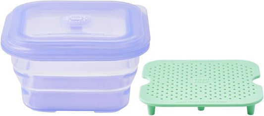 PushLock Collapsible Food Storage Container&Smart Cooking Steam Tray, Space-Saving, Platinum Silicone, Microwave&Freezer&Dishwasher Safe, for Cooking&Leftovers, BPA-Free, 60oz per Unit (PURPLE&MINT)