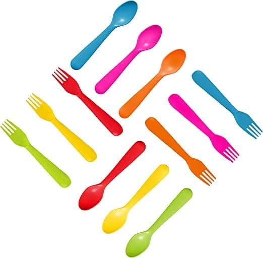 PLASKIDY Plastic Toddler Utensils Set of 12 Kids Utensils Forks and Spoons - BPA FREE/Dishwasher Safe Toddlers Silverware Set Brightly Colored Children's Safe Flatware Cutlery Set