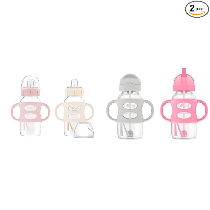 Dr. Brown's Milestones Wide-Neck Sippy Bottle with 100% Silicone Handles & Milestones Wide-Neck Sippy Straw Bottle with 100% Silicone Handles, 9oz/270mL, Gray & Pink, 2 Pack, 6m+