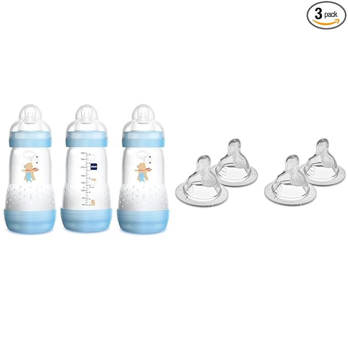 MAM Easy Start Anti-Colic Bottle 9 oz (3-Count), Baby Essentials, Medium Flow Bottles & Bottle Nipples Slow Flow Nipple Level 1, for Newborns and Older, SkinSoft Silicone Nipples