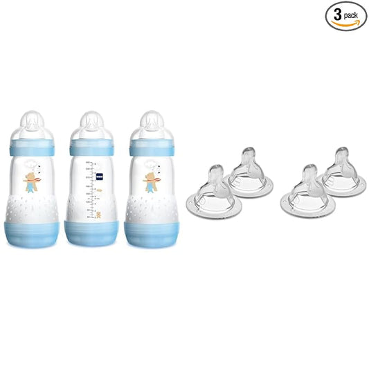 MAM Easy Start Anti-Colic Bottle 9 oz (3-Count), Baby Essentials, Medium Flow Bottles & Bottle Nipples Slow Flow Nipple Level 1, for Newborns and Older, SkinSoft Silicone Nipples