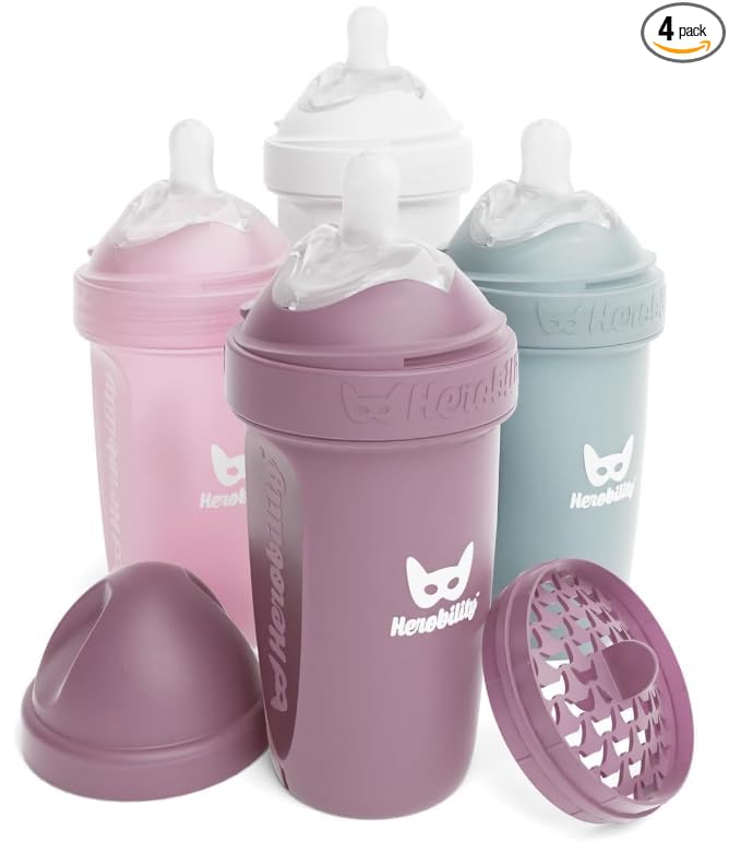 Herobility Anti-Colic Baby Bottles 8.5 fl oz/240ml - Pack of 4 Plastic Baby Bottles, Slow Flow Plastic Bottles, Breast-Shaped Teat for Breastfed Babies – Multicolor – White, Gray, Pink, Hawthorn Rose