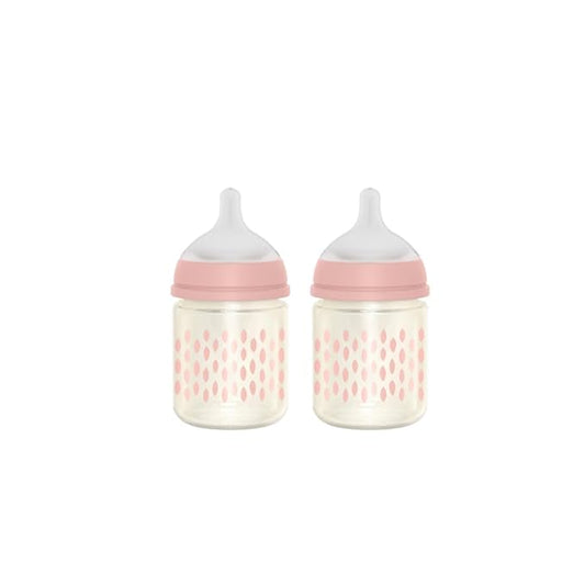 Suavinex Bonhomia Glass Baby Bottle with SX PRO Silicone Nipple, Anti Colic Baby Bottles, Baby Bottles for Breastfed Babies, 2 Pack 4 oz, Pink