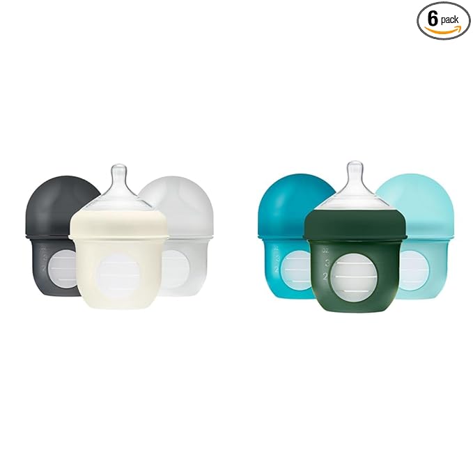 Boon Nursh Reusable Silicone Baby Bottles with Collapsible Pouch - Stage 1 Slow Flow - Gray & Blue - 4 Oz - 3 Count Each