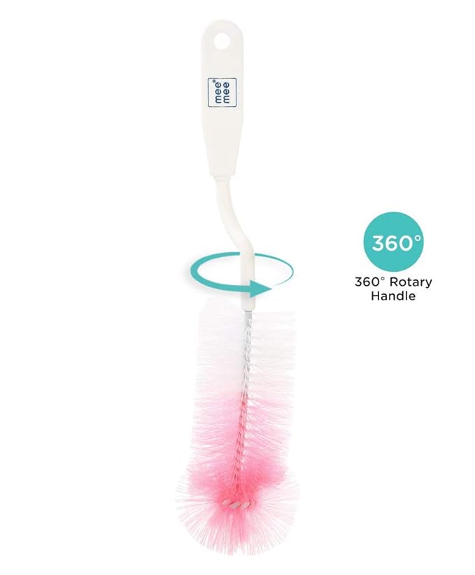 Mee Mee Easy Grip Bottle Brush Cleaner- Baby Milk Bottle Cleaner Nipple Cleaner Brush with 360* Rotating Long Handle (Pink)