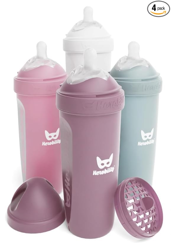 Herobility Anti-Colic Baby Bottles 12 fl oz/340ml - Pack of 4 Plastic Baby Bottles, Slow Flow Plastic Bottles, Breast-Shaped Teat for Breastfed Babies - Multicolor - White, Gray, Pink, Hawthorn Rose