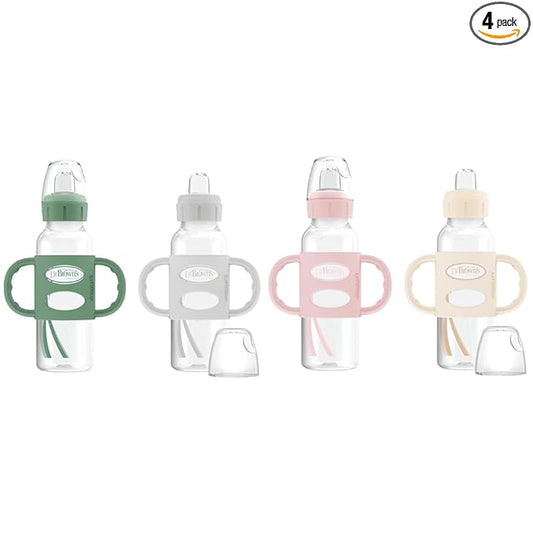 Dr. Brown's Milestones Narrow Sippy Spout Bottle with 100% Silicone, Easy-Grip Handles and Soft Sippy Spout, 8oz/250mL, Light-Pink and Ecru + Gray and Green