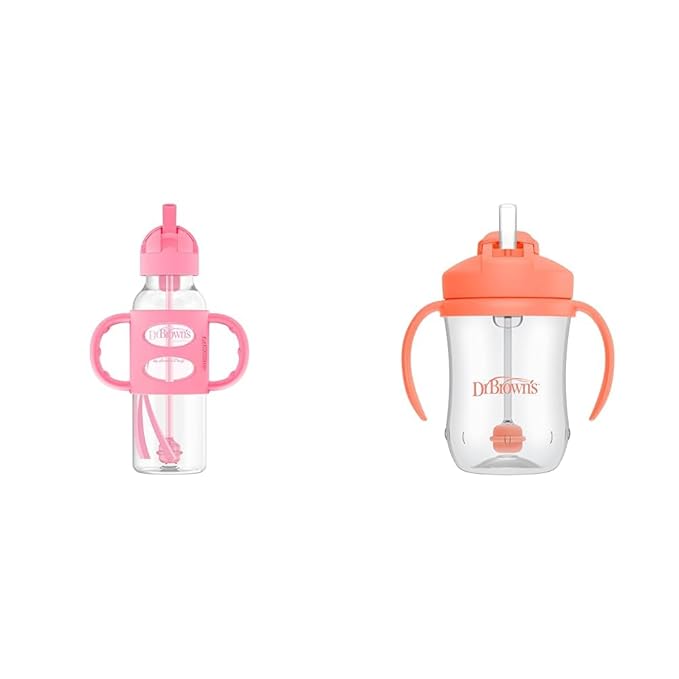 Dr. Brown's Milestones Narrow Sippy Straw Bottle, Spill-Proof with 100% Silicone Handles & Milestones Baby’s First Straw Cup, Training Cup with Weighted Straw, Coral, 6m+