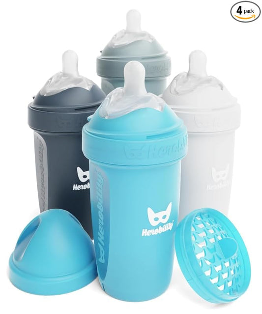 Herobility Anti-Colic Baby Bottles 8.5 fl oz/240ml - Pack of 4 Plastic Baby Bottles, Slow Flow Plastic Bottles, Breast-Shaped Teat for Breastfed Babies, – Multicolor - White, Gray, Iron Blue, Blue