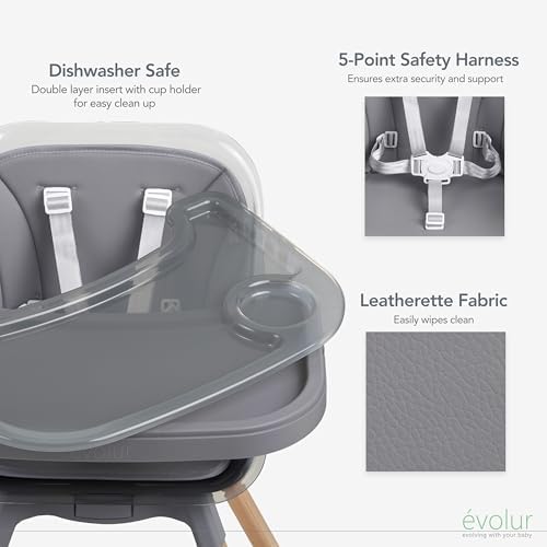 Evolur 360° Bloom Highchair, Rotating, Convertible Baby Feeding Chair with Adjustable Height, Removable Tray, Easy to Clean, Stylish & Space-Saving for Newborns & Toddlers - Storm Gray
