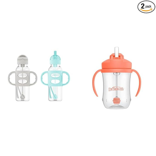 Dr. Brown's Milestones Narrow Sippy Straw Bottle with 100% Silicone Handles, 8oz/250mL, Gray & Dr. Brown’s Milestones Baby’s First Straw Cup, Training Cup with Weighted Straw, Coral, 6m+