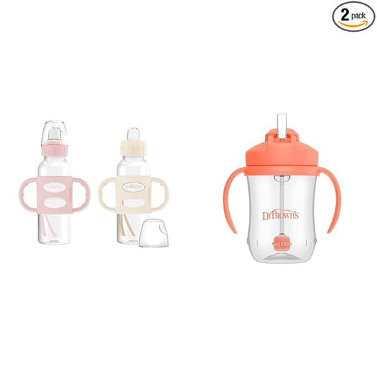 Dr. Brown's Milestones Sippy Spout Bottle 2-Pack with Baby's First Straw Cup, Soft Silicone Spout, Weighted Straw, 8oz/250mL, 6m+
