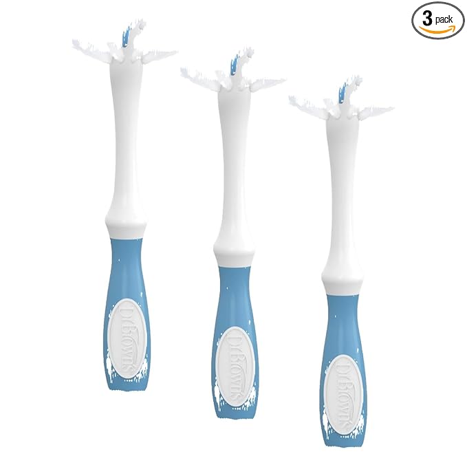 Dr. Brown's Deluxe Bottle Brush for Cleaning Baby Bottles, Nipples, and Sippy Cups with Suction Cup Stand and Vent Brush, BPA-Free, Blue, 3-Pack
