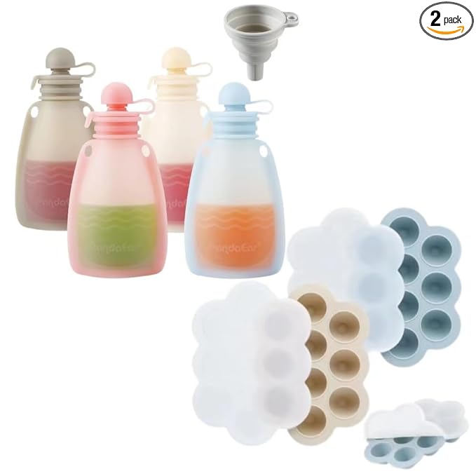 PandaEar Reusable Silicone Baby Food Pouches & 2 Pack Baby Food Freezer Tray