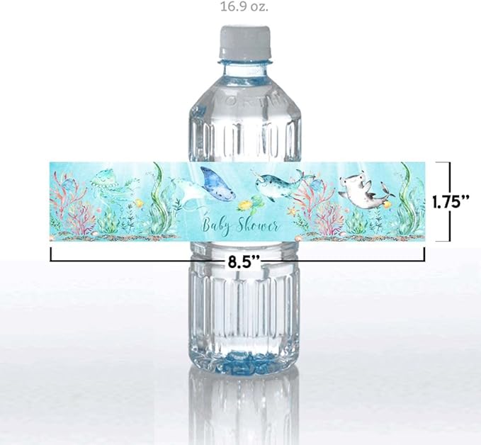 Underwater Cute Sea Life Baby Sprinkle Shower Waterproof Water Bottle Sticker Wrappers 20 Wrap Around Labels Sized 1.75" x 8.5" by AmandaCreation