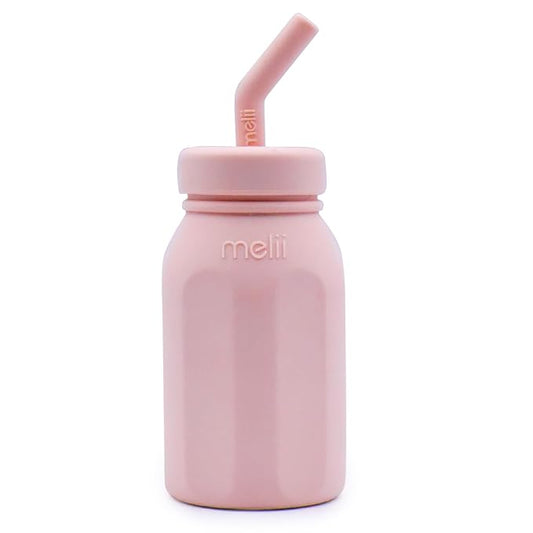 Silicone Water Bottle with Straw for Babies, Toddlers & Kids, BPA Free, Pink