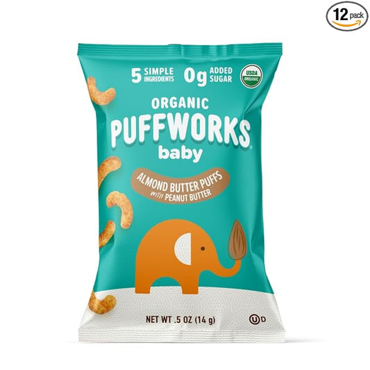 Puffworks Baby Organic Almond Butter Puffs, with Peanut Butter, Plant-Based Protein, USDA Organic, No Added Sugar, Gluten-Free, Vegan, Non-GMO, Kosher, 0.5 Ounce (Pack of 12)