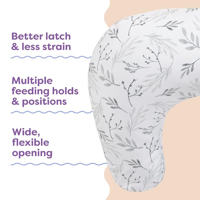 Boppy Nursing Pillow - Firm, Ergonomic U-Shaped Bottle and Breastfeeding Pillow with High Lift for Comfort and Support, Spacious Surface - Gray Gentle Leaves