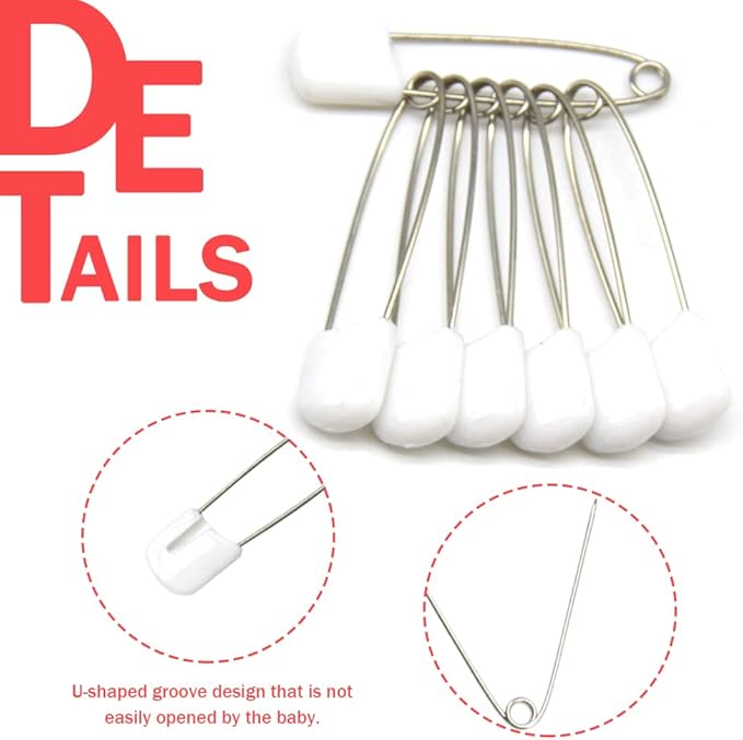 50 PCS Safety Pin 54mm/2.2in Baby Diaper Pins for Cloth Plastic Head Baby Pins for Diapers Stainless Steel Cloth Pins with Locking Closures Nappy Pin for Crafts（DT/White）