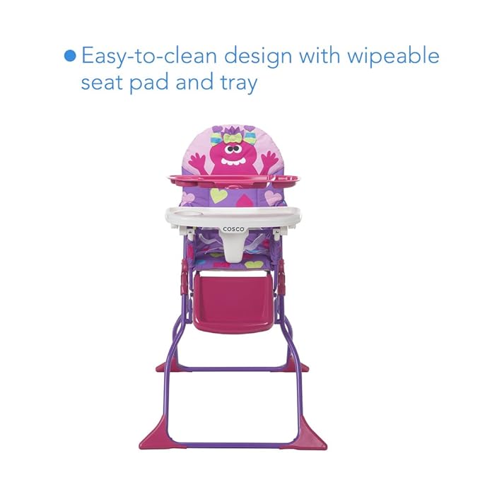 Cosco Kids Folding High Chair for Babies and Toddlers (from 6 Months to 50 lbs) Simple Fold Deluxe with 3-Position Tray, Portable High Chair, Monster Shelley