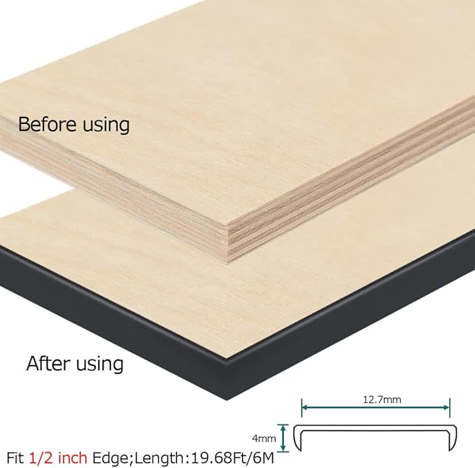 U Shape Edge Banding, Fit 1/2 inch Edge, Plywood Edge Protector, Self-Adhesive Edge Trim for Veneer, Furniture, Cabinets, Countertop, Shelves, Table, Marble; Black, 20Ft