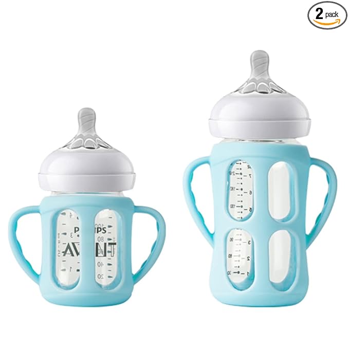 2 Pack Silicone Sleeves for Philips Avent Glass Natural Baby Bottles 4oz and 8oz, Anti Breakage Baby Bottle Holder with Handle, Feeding Bottle Handle (Blue)