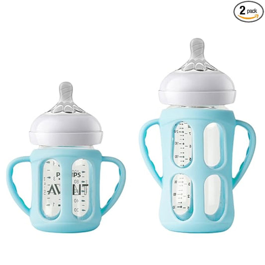 2 Pack Silicone Sleeves for Philips Avent Glass Natural Baby Bottles 4oz and 8oz, Anti Breakage Baby Bottle Holder with Handle, Feeding Bottle Handle (Blue)