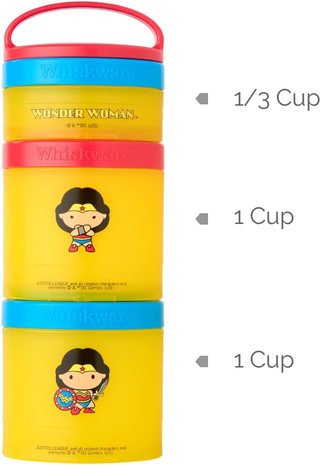 Whiskware Justice League Stackable Snack Containers for Kids and Toddlers, 3 Stackable Snack Cups for School or Travel, Wonder Woman (Pack of 1)