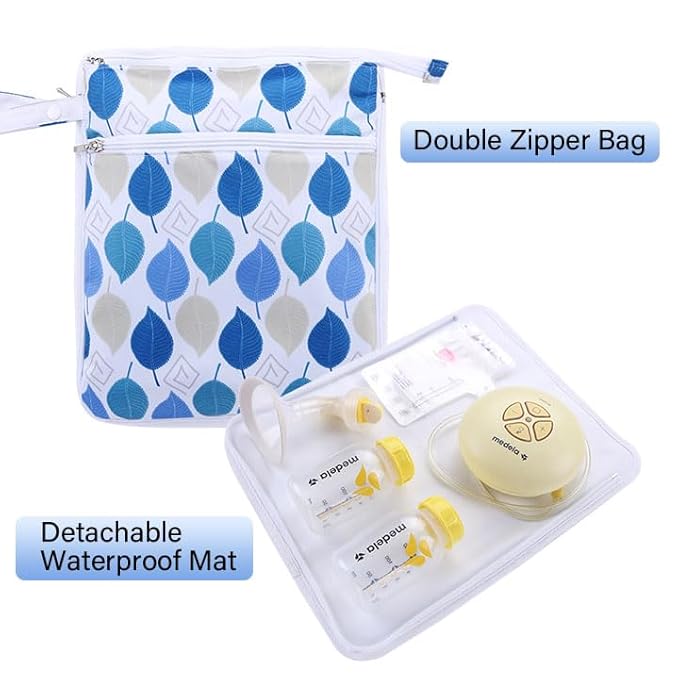 Breast Pump Bag Wet/Dry Bag with Preparation Place Mat, Waterproof Pump Parts Storage Bag for Moms Pumping at Work or Outdoors(Dancing leaves)