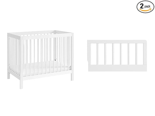 Oxford Baby 2 PC Nursery Set Essentials Island Mini 4-in-1 Convertible Baby Crib with Round Spindles, White Essentials Mini Crib to Toddler Bed Guard Rail Conversion Kit, White