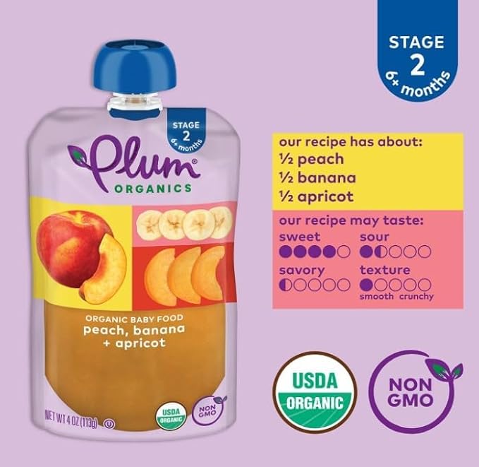 Plum Organics Stage 2 Organic Baby Food - Peach, Banana, and Apricot - 4 oz Pouch (Pack of 6) - Organic Fruit and Vegetable Baby Food Pouch