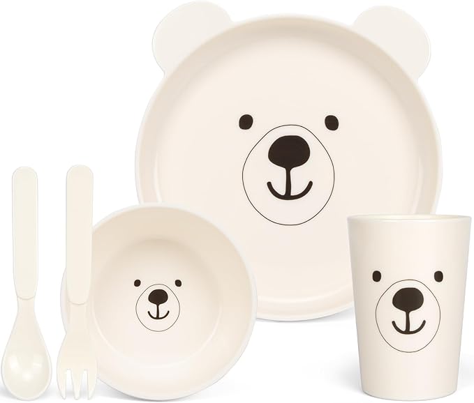 Dinnerware Set for Kids - 5-Piece Polar Bear-Themed Includes Plate, Bowl, Cup & Utensils | BPA-Free, Microwave & Dishwasher Safe | Ideal Gift for Boys (White - Polar Bear)