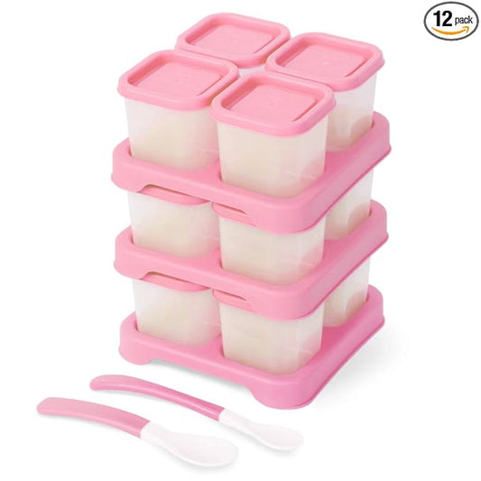 Matyz 12-Pack Plastic Food Storage Containers With Lids Airtight Freezer Safe (Pink, 4 OZ Each) - Baby Food Freezer Trays With Lids Baby Cubes Food Storage - Stackable Baby Food Storage Containers
