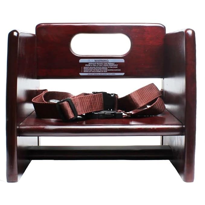 TrueCraftware – 17" Children Booster Seat, Mahogany Wood Finished Rubber Wood with Harness Straps Seat Back Support Maximum Knock-Down Package, Stackable Booster Seat for Dining Table
