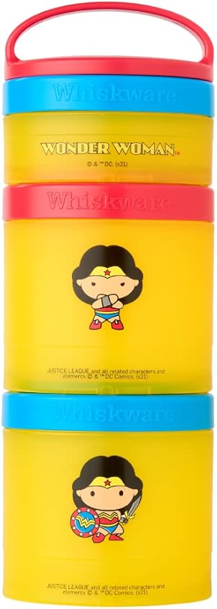 Whiskware Justice League Stackable Snack Containers for Kids and Toddlers, 3 Stackable Snack Cups for School or Travel, Wonder Woman (Pack of 1)