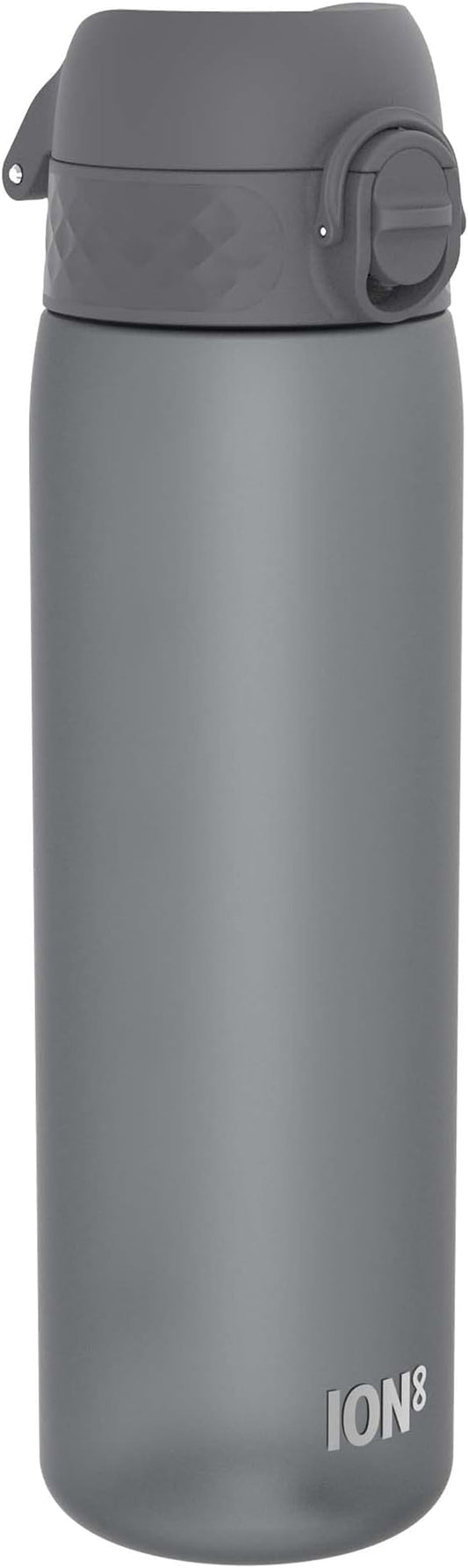 Ion8 Water Bottle, 500 ml/18 oz, Leak Proof, Easy to Open, Secure Lock, Dishwasher Safe, BPA Free, Hygienic Flip Cover, Carry Handle, Fits Cup Holders, Easy Clean, Odor Free, Carbon Neutral, Grey
