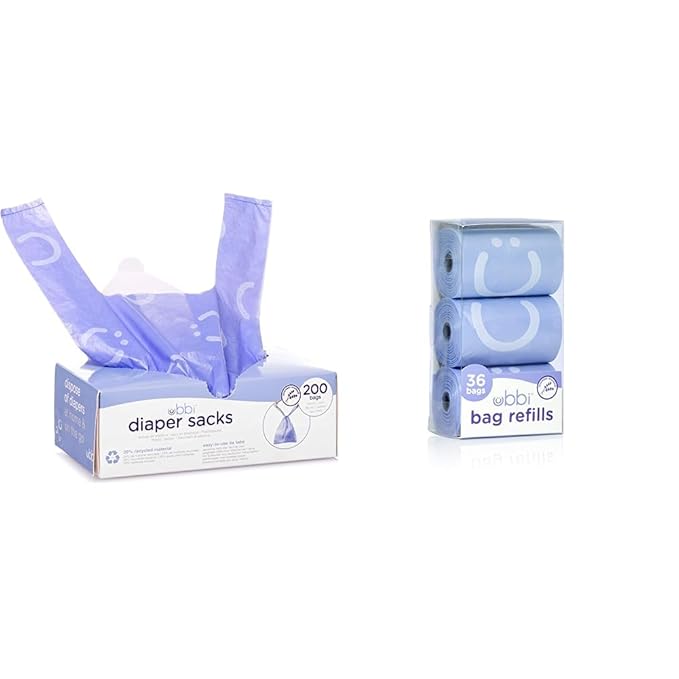Ubbi Disposable Diaper Sacks, Lavender Scented, 200 Count & On-the-Go Refill Bags, Lavender Scented, Value Pack of 36, Baby On The Go Diapering Essentials