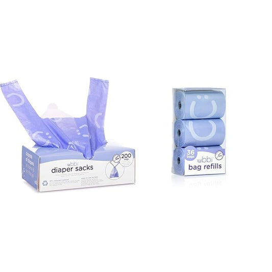 Ubbi Disposable Diaper Sacks, Lavender Scented, 200 Count & On-the-Go Refill Bags, Lavender Scented, Value Pack of 36, Baby On The Go Diapering Essentials