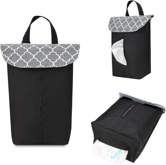 MOMIGO Wet Dry Bags for Baby Wipes Diapers - Reusable, Washable for Stroller, Diapers, Toiletries with Wipes and Diapers Drawing Opening (Black&Grey)