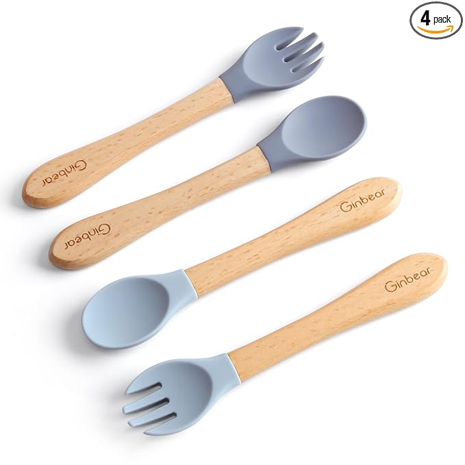 Ginbear Silicone Baby Spoons and Forks Self-feeding 12-18 Months, Soft Tip Baby Flatware Sets for Boy, Toddler Feeding Utensils for Child, 4 Piece Set (Gray/Blue)